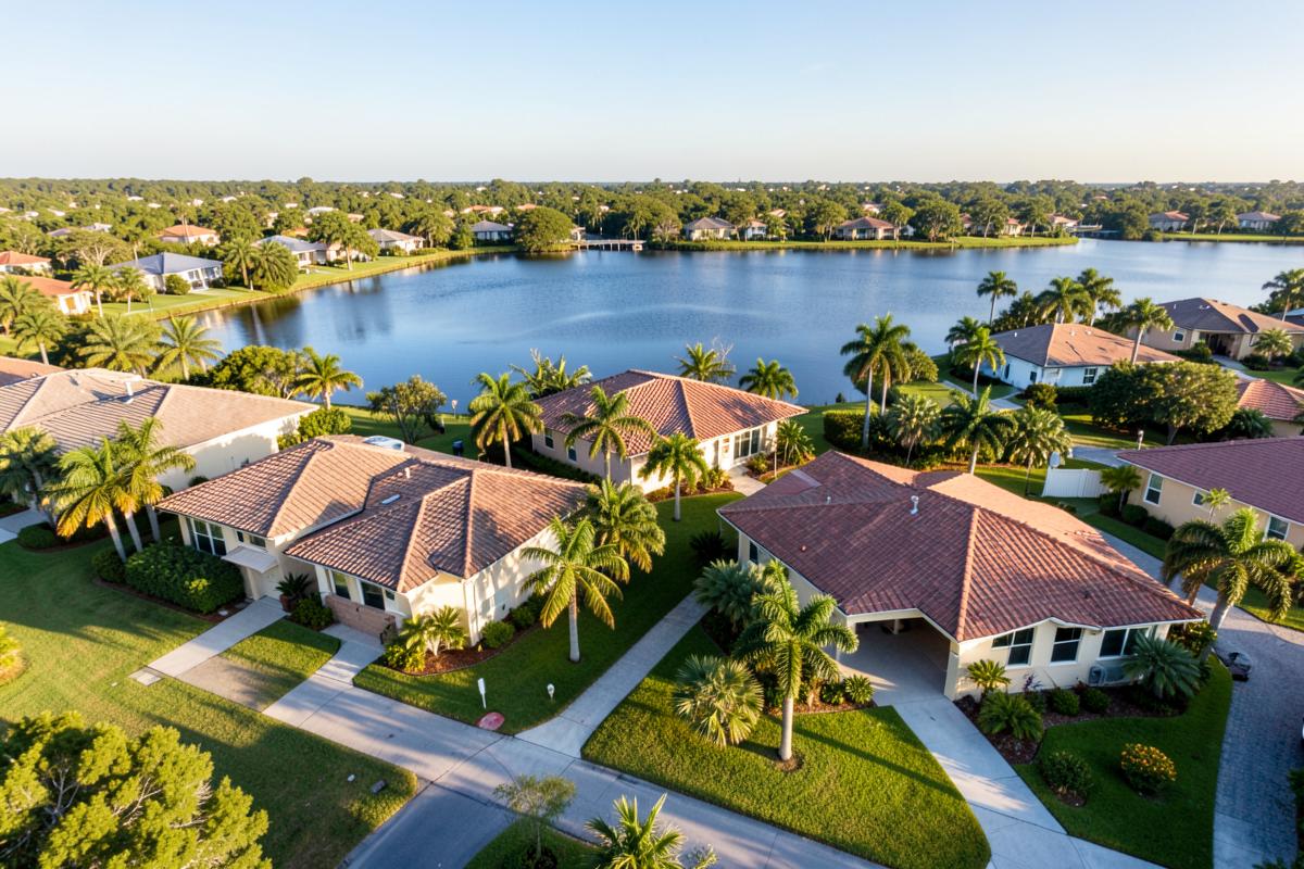 Aerial view of a Central Florida neighborhood with lakes and palm trees