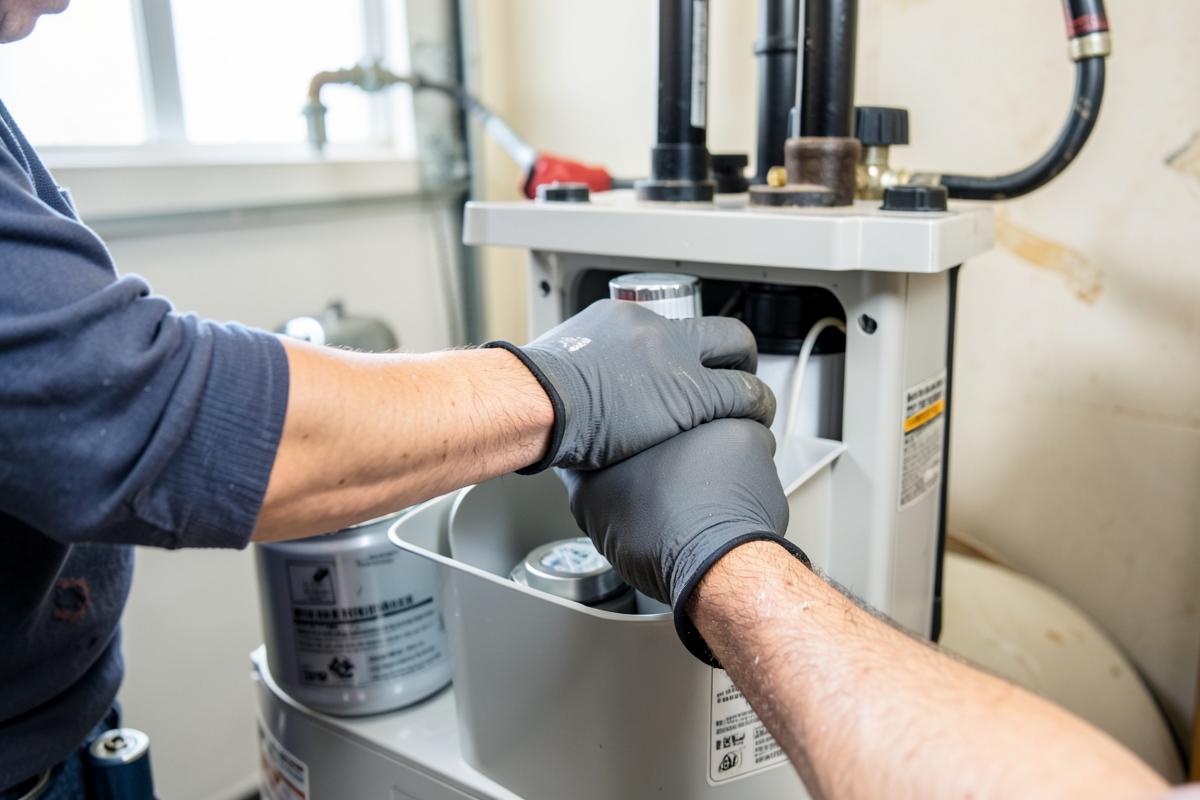 Technician servicing a residential water treatment system
