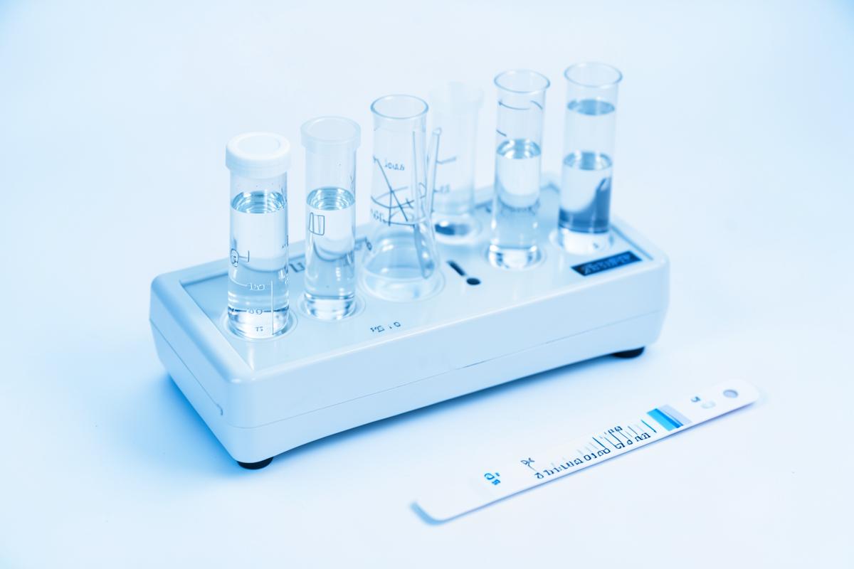 Water testing vials and a test strip arranged on a clean surface