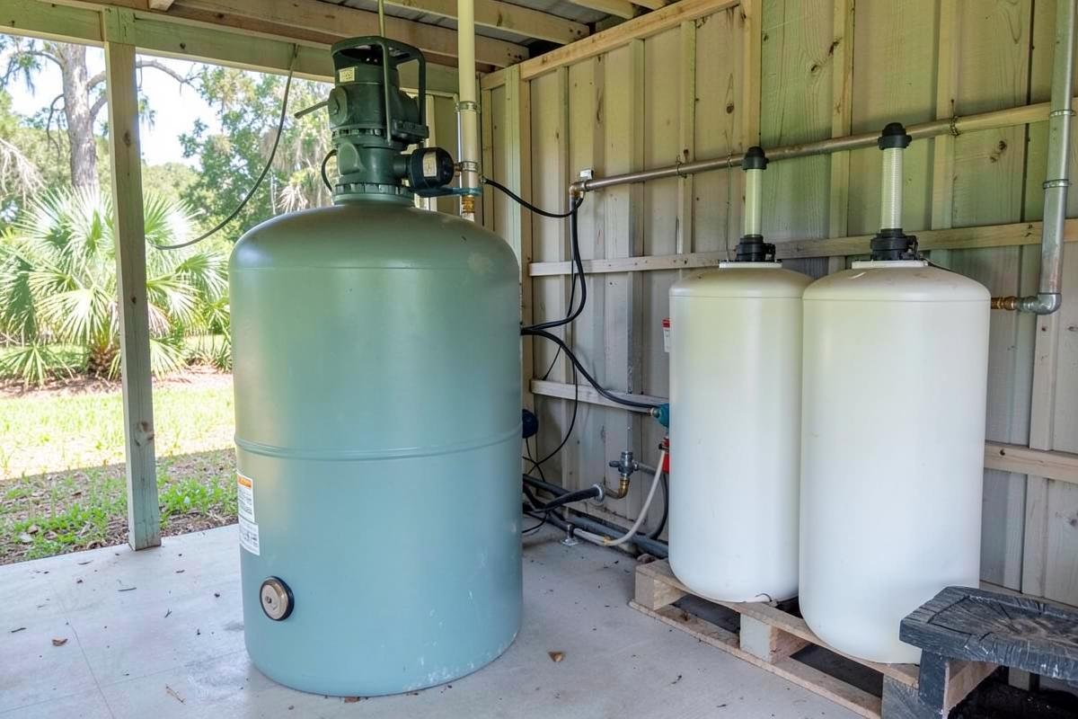 Well pressure tank and filtration tanks in a Florida utility shed