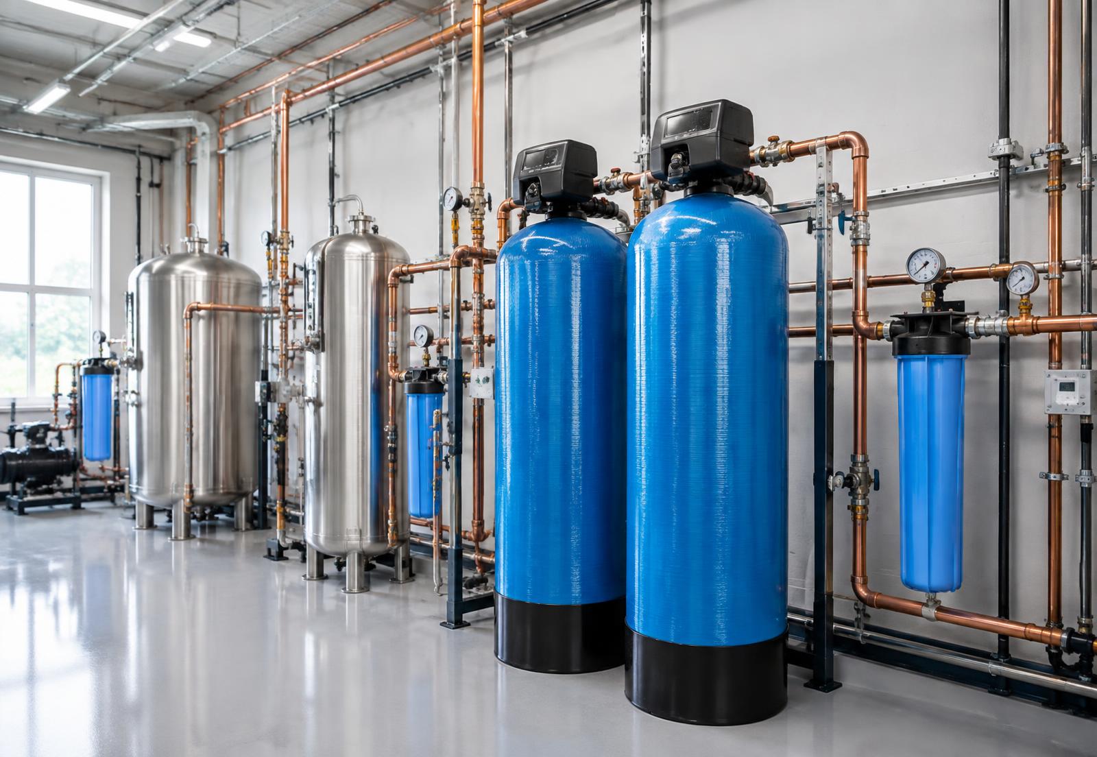 Commercial water treatment system with softener and filtration tanks installed in a Central Florida business mechanical room