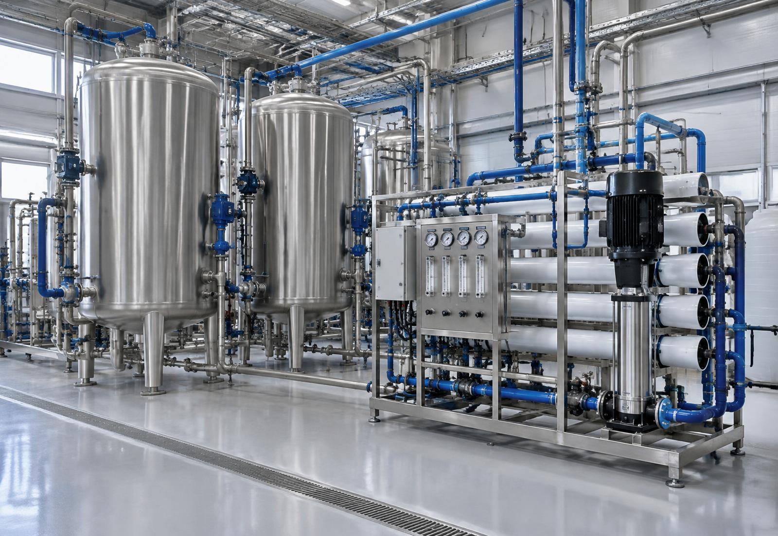 Industrial water treatment room with stainless steel filtration vessels and a reverse osmosis skid inside a Central Florida facility