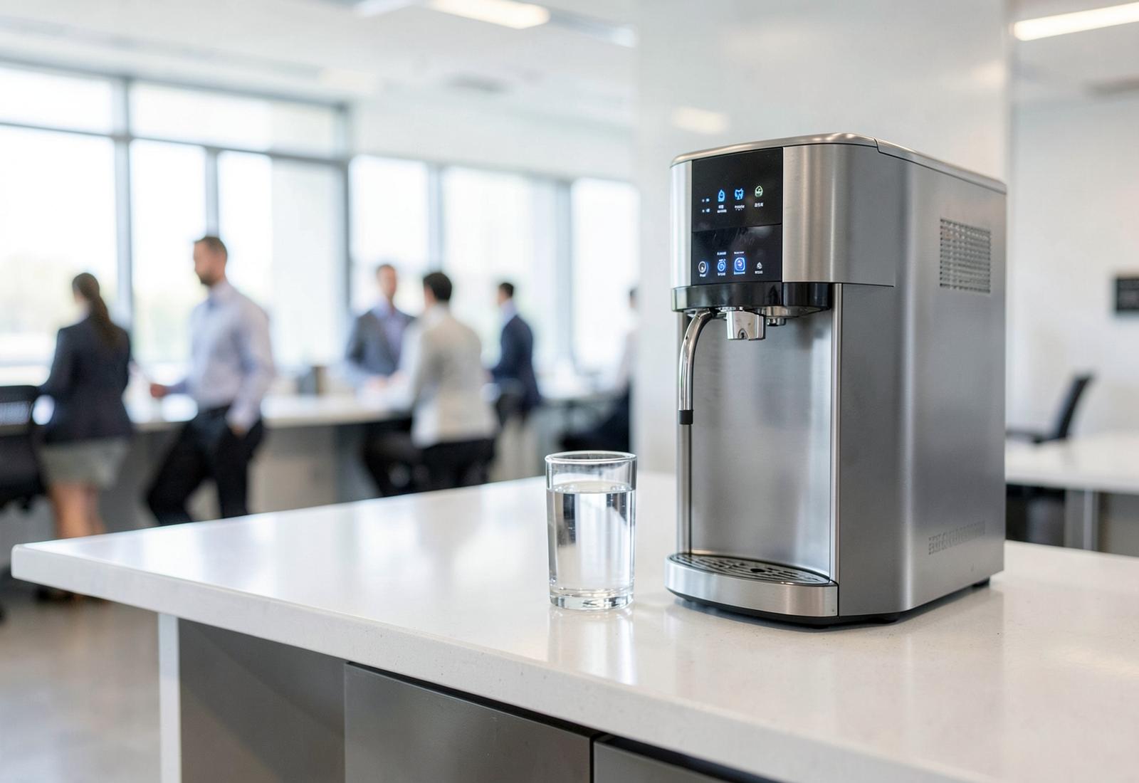 Filtered drinking water dispenser and a glass of water in a modern Central Florida office break room