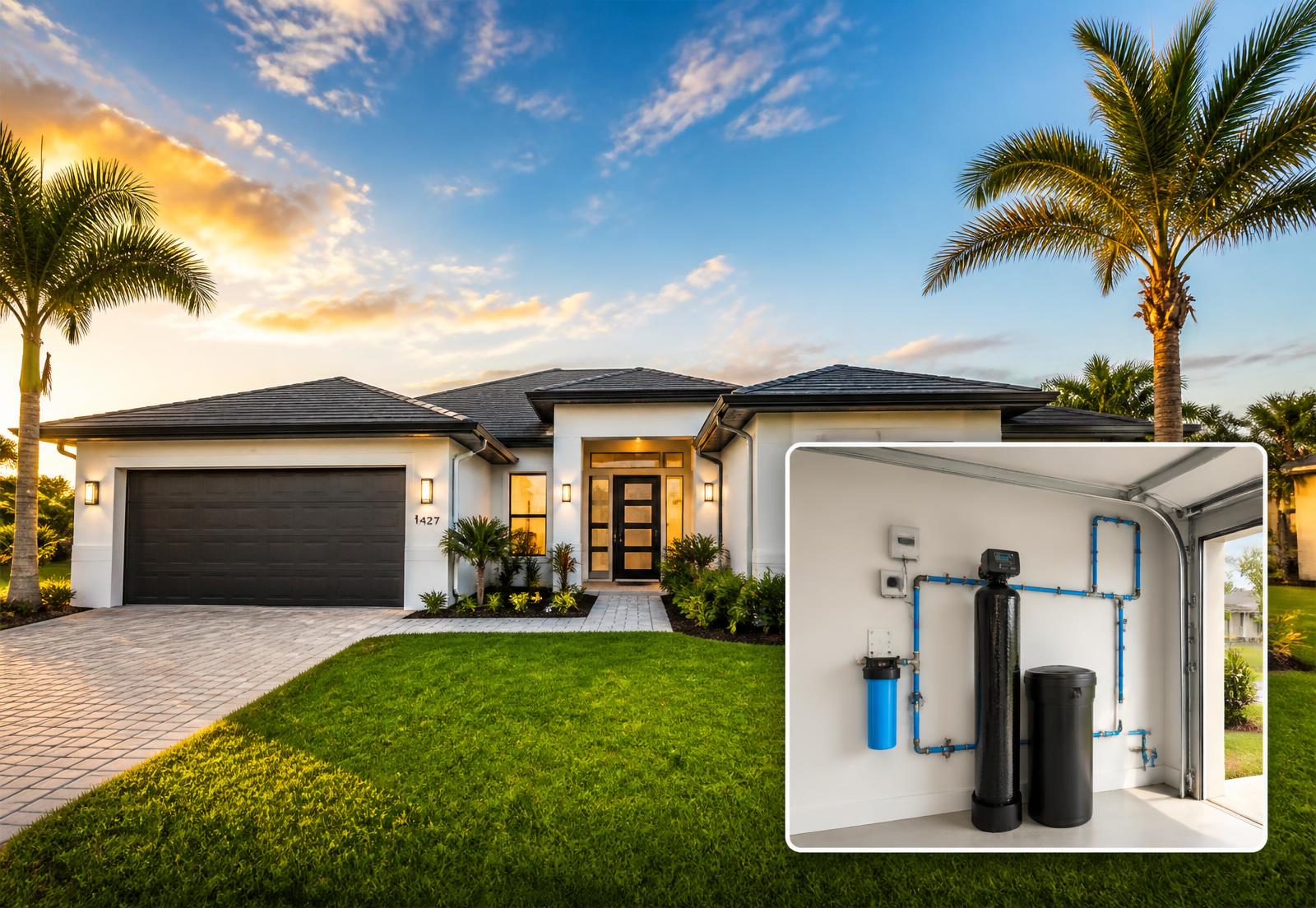 Central Florida home with a professionally installed whole-house water treatment system in the garage