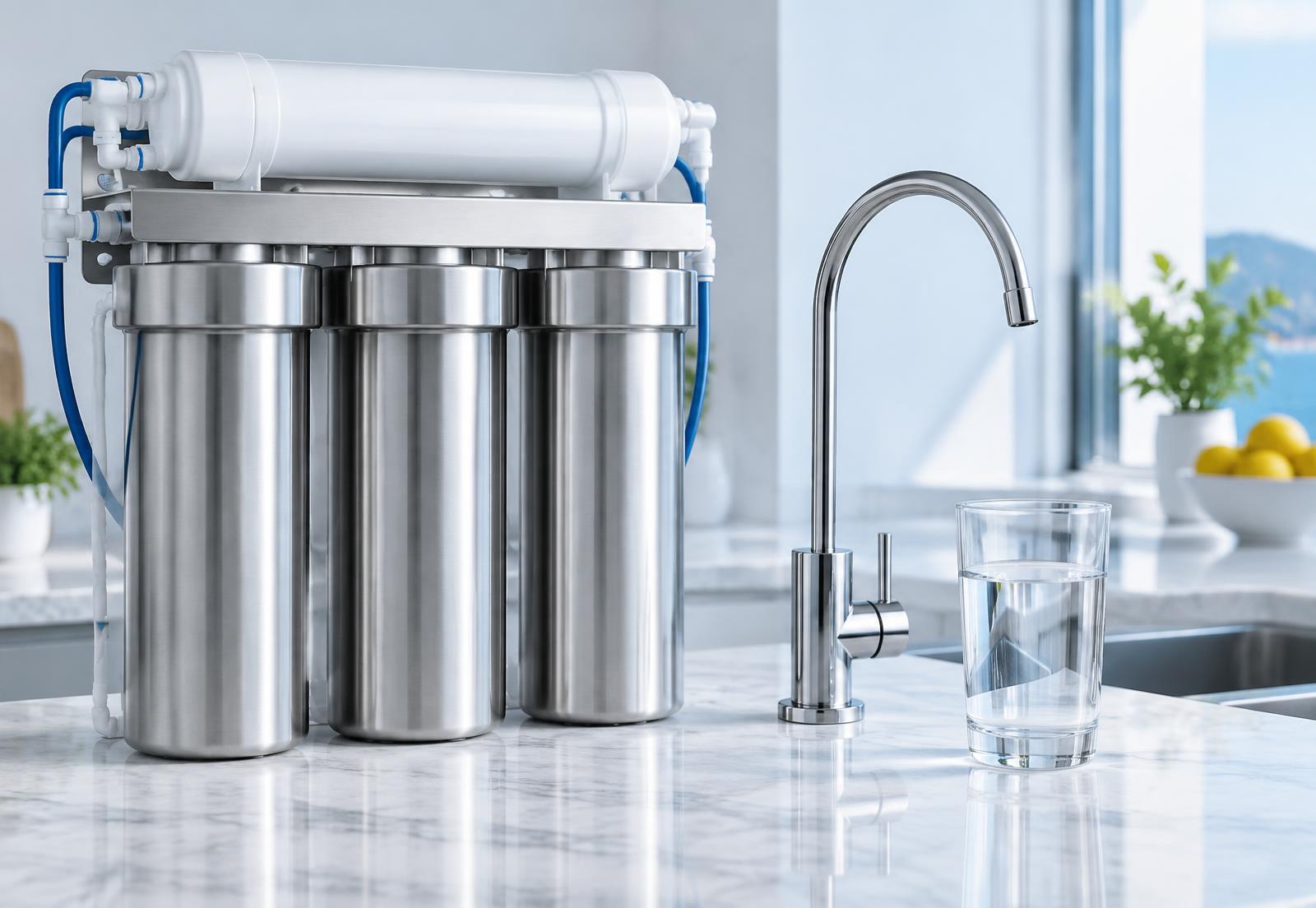 Under-sink reverse osmosis system with a dedicated drinking-water faucet
