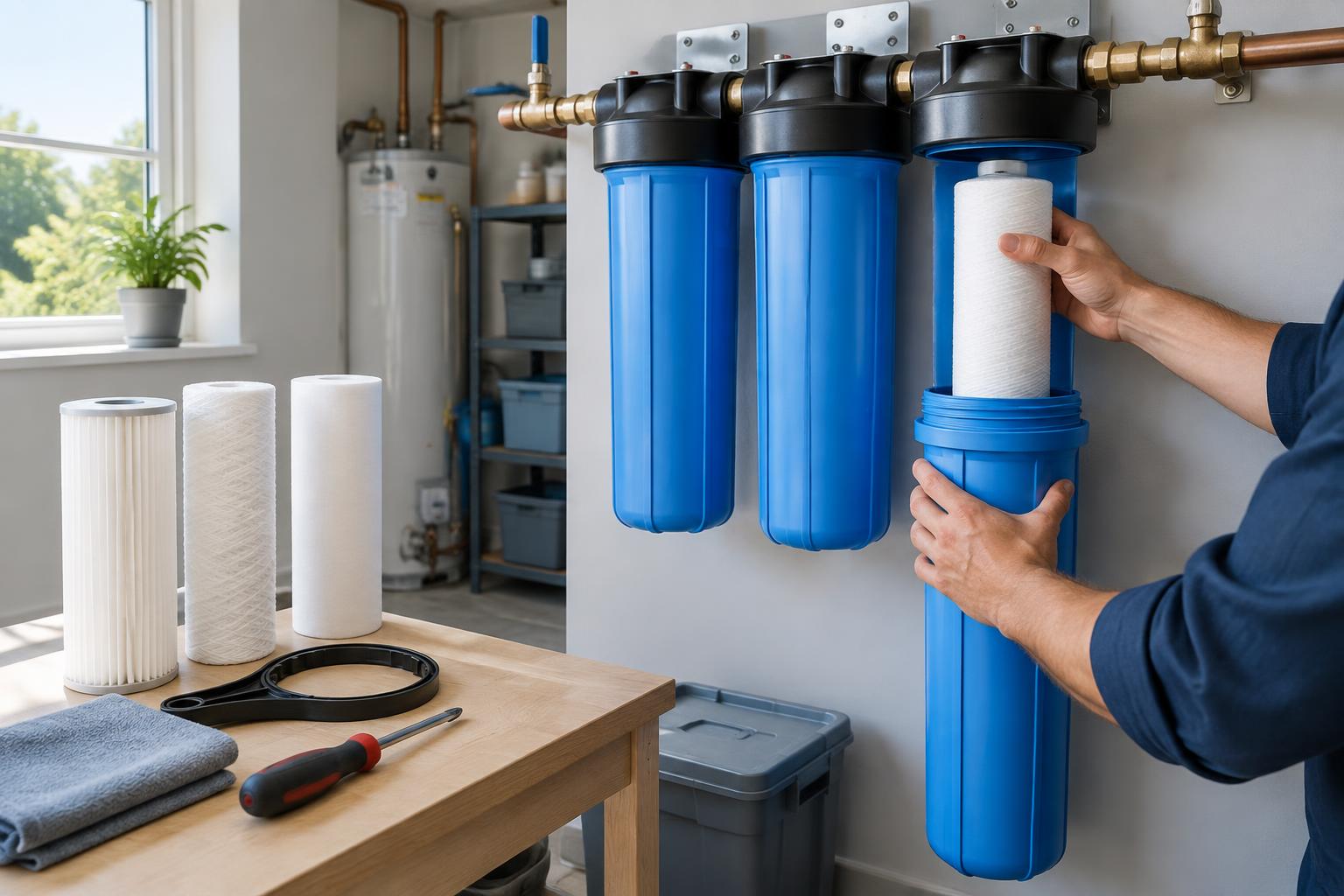 Technician replacing a whole-house water filter cartridge with spare filters on a workbench