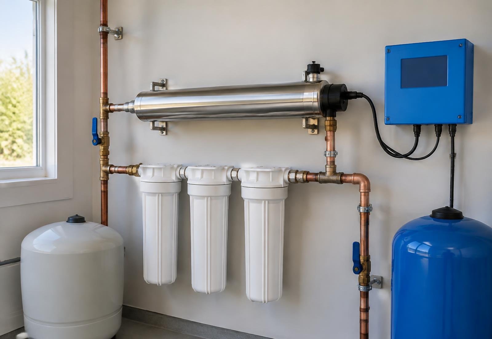 Stainless steel UV disinfection chamber installed beside filtration housings